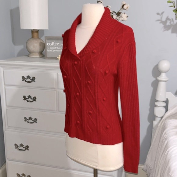 Evan Picone Red Acrylic Pom Pom Sweater Cable Knit Women Small Christmas Holiday - Picture 4 of 11
